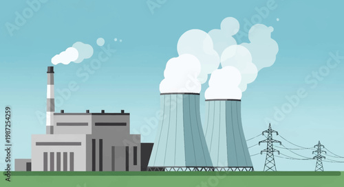Nuclear Power Plant Generating Energy with Cooling Towers and Smoke Stack.