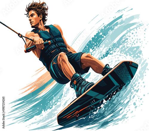 Wakeboarder riding a wave with spray wakeboarding male