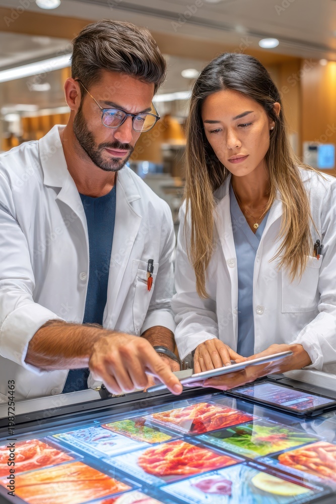 Fototapeta premium Two professionals in lab coats collaborate over a touchscreen tablet reviewing food images for research and analysis