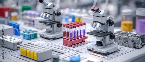 Modern Clinical Lab - Precision Microscopes, Blood Samples, and Diagnostic Equipment on a Bright Scientific Bench.