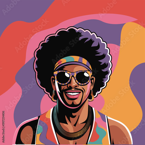 Retro Afro Man Portrait with Sunglasses Colorful Flat Illustration