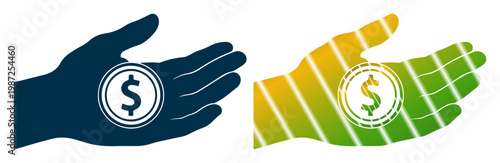 Two hands offering a dollar coin, representing financial aid and investment