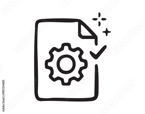 Configuration approval visuals. Workflow symbols for settings management. Gear icon with checkmark displaying compliance status. Settings automation badge indicating operational process adherence