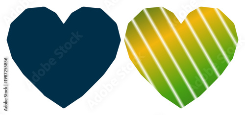 Two hearts, one solid and dark, the other vibrant and striped, symbolizing contrast.