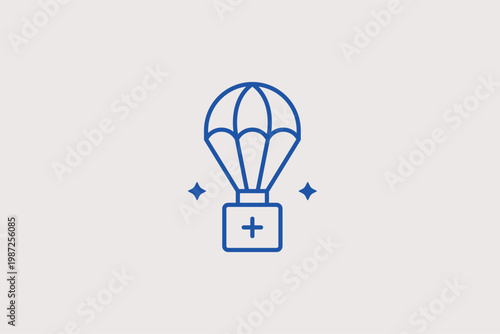 Parachute carrying a medical box for rapid air-drop humanitarian relief. Dynamic Vector Illustration and line icon is perfect for logistics in remote areas and disaster response.