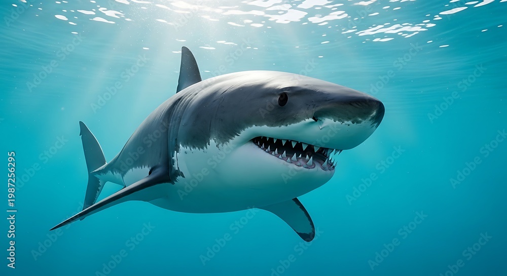 Fototapeta premium Great white shark swimming in clear blue ocean water