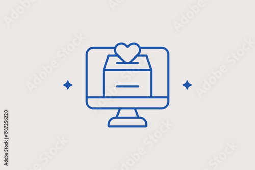Computer monitor with a heart box for online donations and digital fundraising. Modern Vector Illustration and line icon is ideal for charity websites and e-philanthropy platforms.