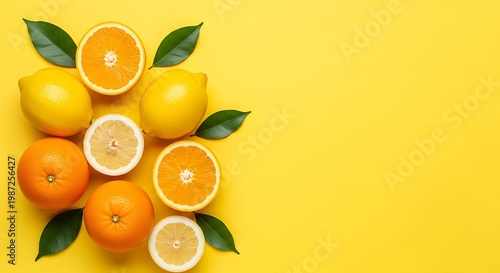 Fresh oranges and lemons with green leaves on a bright yellow background citrus fruit
