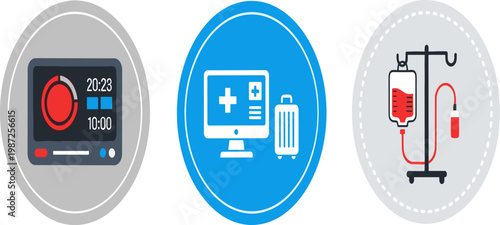 Medical Technology and Blood Donation Icon Set with Patient Monitor, Hospital Equipment, Digital Healthcare, Transfusion System, and Clinical Treatment Illustration