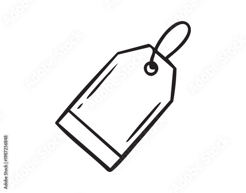 Price tag with string hole, simple tag outline with reinforced hole and hanging string, clean line art suited for pricing graphics, branding, retail signage, ecommerce listings, sale campaigns,
