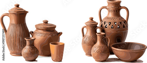 Handcrafted Terracotta Pottery Set Featuring Jars, Vases, and Bowls with Traditional Patterns for Home Decor and Kitchenware