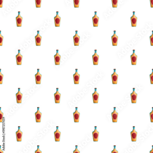 Glass bottles of alcohol presenting a stylish repeating pattern on a white background