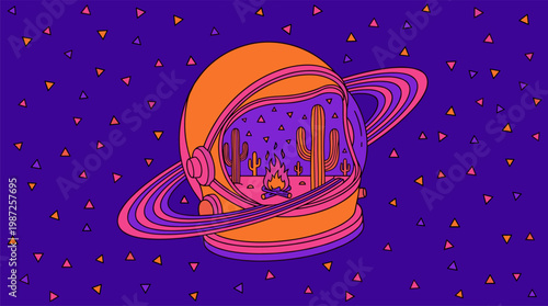 Astronaut Helmet With Desert Landscape And Planet Orbit Pop Surrealism Flat Illustration With Bold Outlines