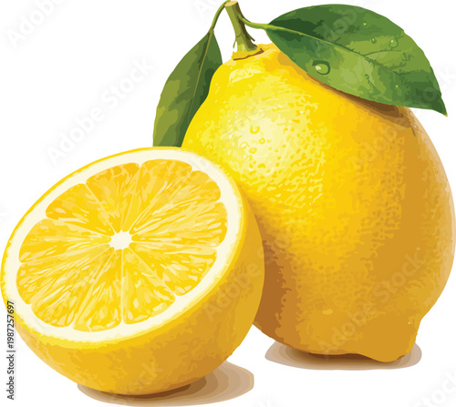 Whole Lemon and Half Cut with Leaves and Water Droplets