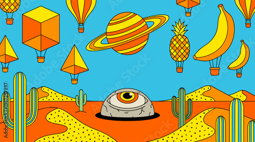 Fruit Shaped Hot Air Balloons Over Striped Desert Pop Surrealism Flat Illustration with Bold Outlines