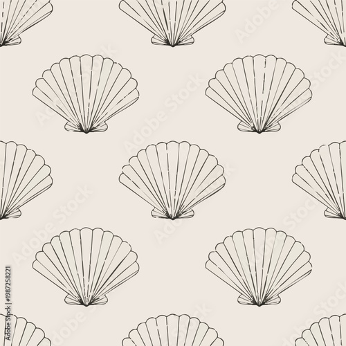 Seashell, scallop shell, black line art, seamless pattern, ocean, beach, wallpaper, vector
