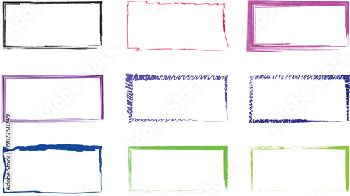 Decorative rectangular frames with various artistic paint brush strokes displayed in a grid pattern for diverse creative design project layouts