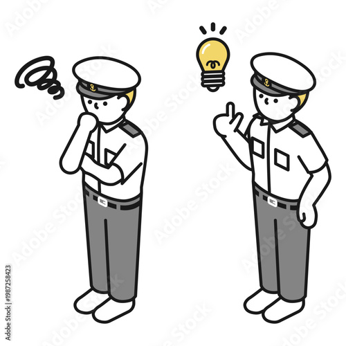 アイソメトリックイラスト:アイデアを思いつく船員 考える船員