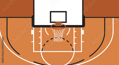 A basketball court with hoop and backboard.