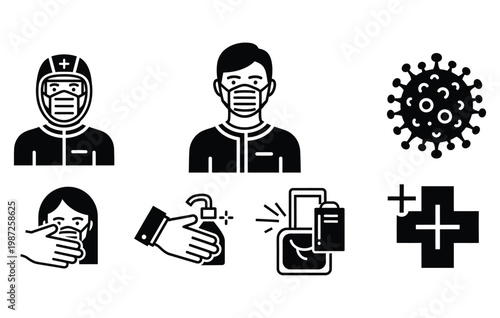 Covid 19 protection icons silhouette masks sanitization and healthcare symbols for public safety awareness