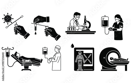 Medical icons silhouette set depicting healthcare research and diagnostic procedures in a minimalist style