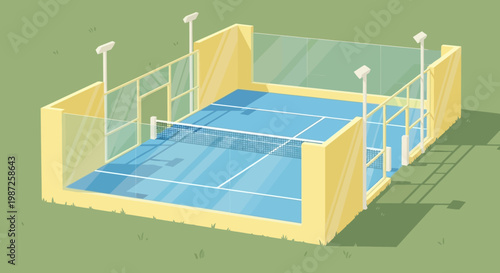 An illustration of a padel tennis court with glass walls and lights.