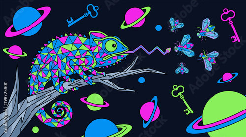 Cosmic Chameleon on Mechanical Branch Catching Geometric Crystal Flies Pop Surrealism Flat Illustration with Bold Outlines