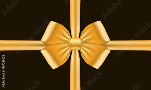 Golden satin bow with cross ribbons in center on dark background luxury vector illustration