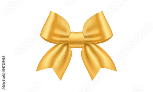 Realistic golden satin gift bow isolated on white background