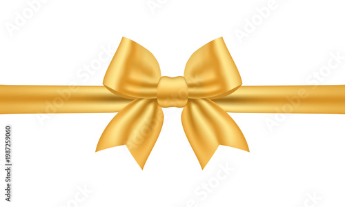 Golden satin bow with horizontal ribbon isolated on white background