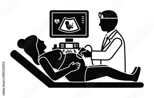 Prenatal care silhouette doctor performing ultrasound on a pregnant patient focusing on fetal health and wellbeing