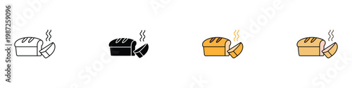 Freshly baked bread loaf and slice icon set for bakery and breakfast concept. Steaming wheat bread symbols. Vector Illustration.