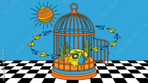 Desert Landscape Inside Giant Birdcage with Melting Vintage Telephone Pop Surrealism Flat Illustration with Bold Outlines