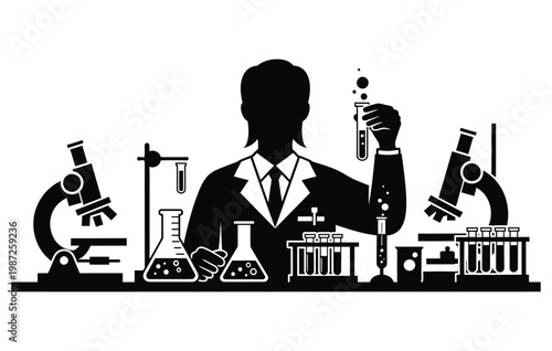 Scientific silhouette a researcher in a laboratory setting with equipment representing discovery and innovation