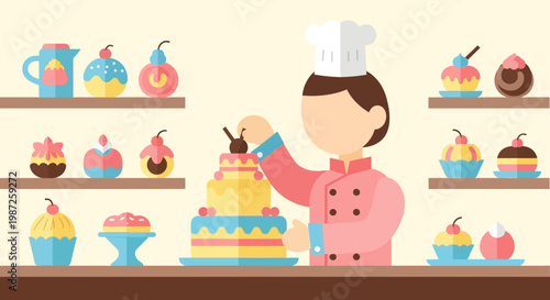 Flat Design Illustration of a Pastry Chef Decorating a Multi-Tiered Cake in a Bakery Shop with Sweets and Cupcakes on Shelves