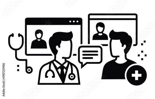 Telemedicine consultation a silhouette depicting remote healthcare with doctor and patients on digital screens