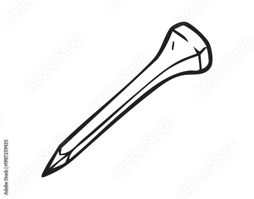 Metal nail angled on white background, simple line drawing of tapered point and flat head, conveys hardware, workshop and construction themes, suitable for DIY, engineering, blueprint and industrial