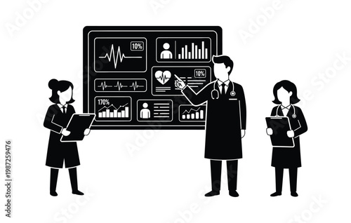 Medical classroom silhouette doctor explaining to students with charts and anatomy models in a black and white illustration