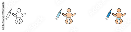 Pediatric vaccination and baby healthcare icon set for medical immunization concept. Infant and syringe symbols. Vector Illustration.