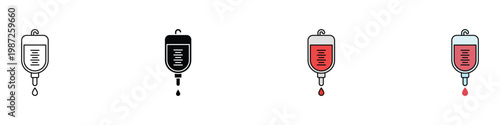 Blood bag and IV drip icon set for medical transfusion and donation concept. Intravenous therapy and saline bag symbols. Vector Illustration.