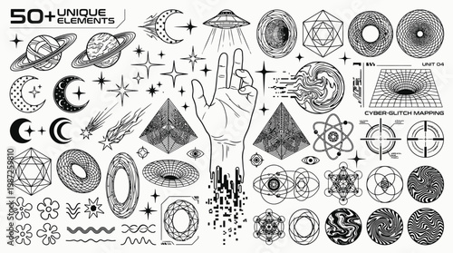 Set of graphic geometric assets with a bitmap elements. Vector modern shapes in Y2k aesthetic. Isolated illustration for stickers, poster, collage, design template.