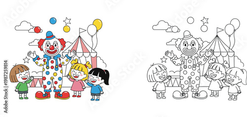 Funny Cartoon Clown and Happy Children at Circus Coloring Page for Kids, Carnival Educational Activity Sheet with Colored Example for Preschoolers and Children Vector Illustration