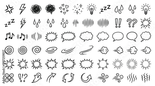 Set of hand drawn manga emotion effects. Markers drawing anime elements, including speech bubble, stars, arrows, fire. Vector doodle icon.