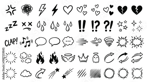 Set of anime emotion effect. Hand drawn texture and fur lines. Line movement vector element.