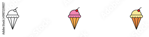 Strawberry and vanilla ice cream cone icon set for summer dessert concept. Sweet gelato scoop with cherry on top symbols. Vector Illustration.