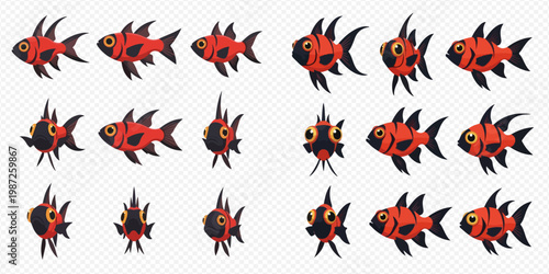 Red and black cartoon fish sprite sheet for animation in various poses.