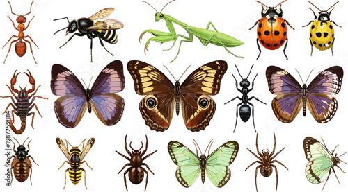 Insect Collection Set Featuring Ants, Bees, Butterflies, Ladybugs, and More for Nature, Entomology, and Wildlife Illustration Designs