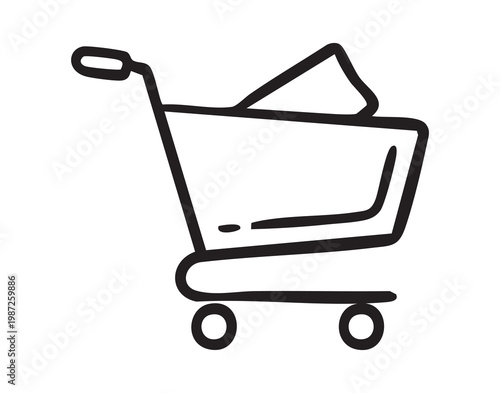 Ecommerce shopping cart with wheels outline. Simple graphic representing retail shopping and checkout process. Basic outline of shopping cart with basket and wheels for ecommerce applications
