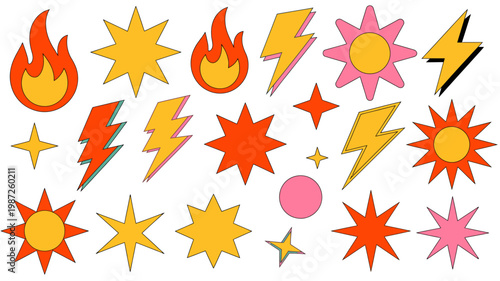 A vibrant collection of colorful cartoon style stars flames and lightning bolts are scattered across a clean white background high quality professional detailed modern elegant stylish