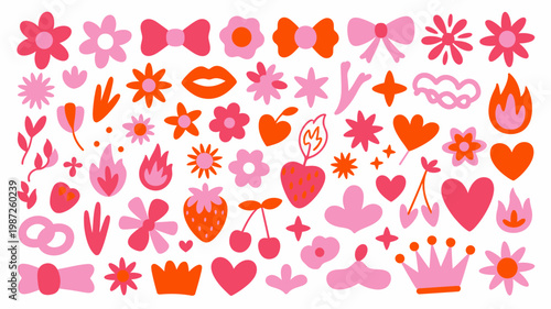 A vibrant collection of hand drawn stickers features whimsical flowers lips hearts bows and playful decorative elements in shades of pink and orange high quality professional